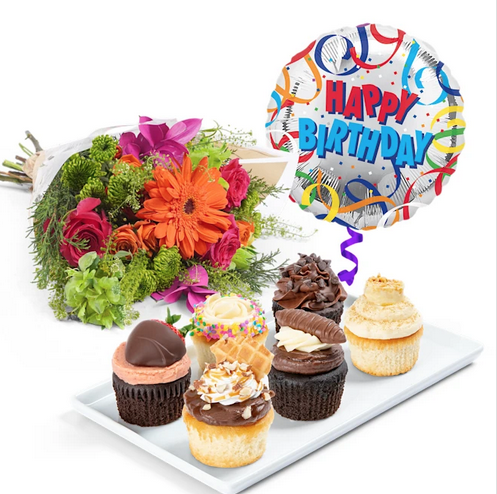 Birthday Cupcakes, Flowers & Balloon Gift Set