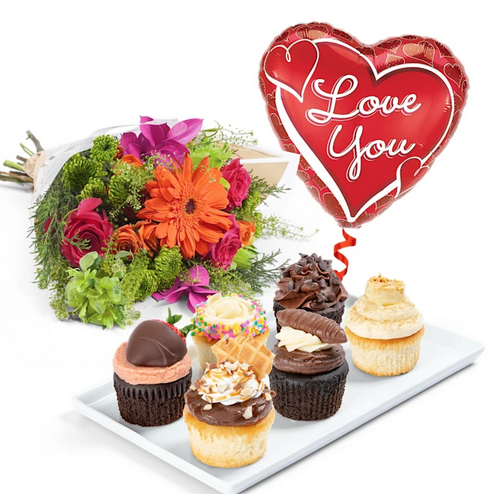 I Love You Cupcakes, Flowers & Balloon Gift Set